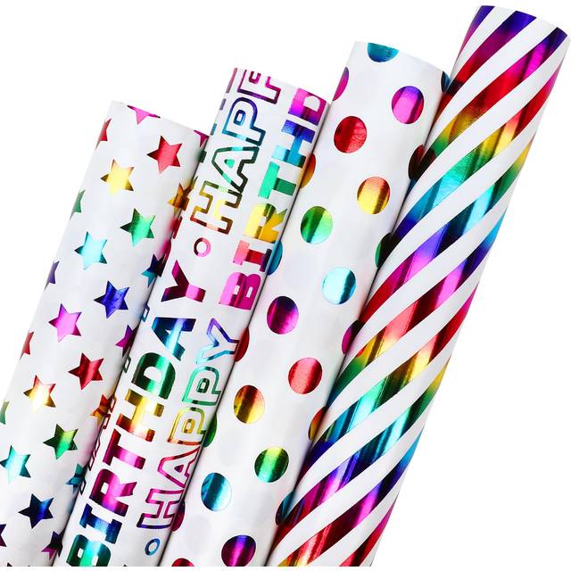 FUHITIM Birthday Wrapping Paper Roll - Gift Wrapping Paper Mini Roll - 4 Rolls (56 sq.ft) Colorful Happy Birthday Polka Dots Star Designs for Birthday