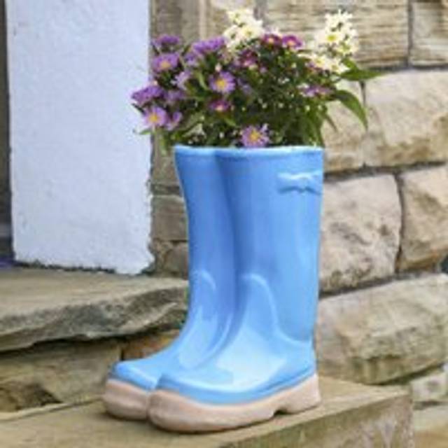Bright Blue Boots Large Ceramic Indoor Outdoor Flower Pot Garden Planter Pot (H) 29.5cm, (W)24cm