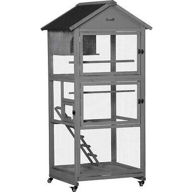 PawHut Bird Cage Wooden Aviary for Canary Cockatiel Parrot w/ Wheels Tray