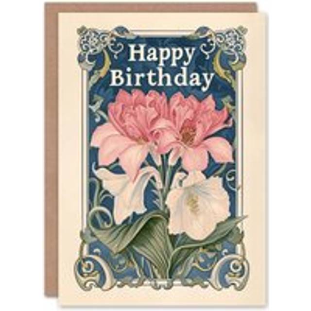 Birthday card floral art nouveau pink lily flower for her woman greeting card