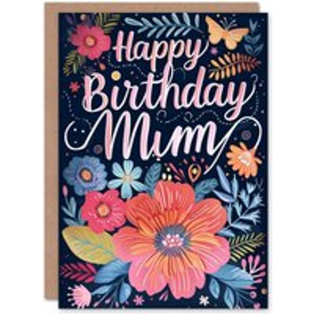 Artery8 Women's Birthday Card Colourful Exotic Flowers Floral Design For Mum Mam Mother Mummy Greeting Card in Dark Blue