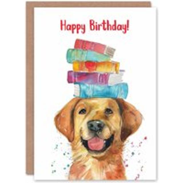 Birthday Card Happy Labrador Dog Pet With Book Stack On Head For Girl Boy Kids