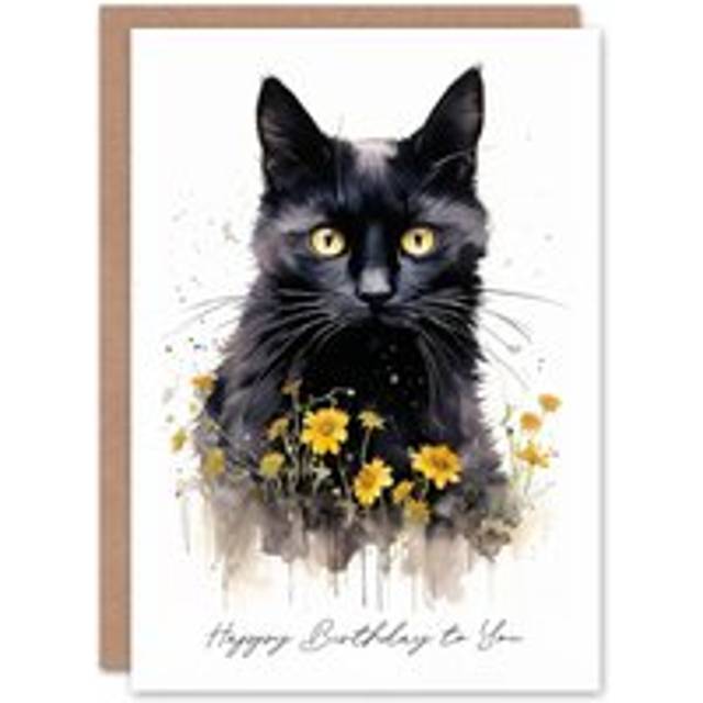 Birthday Greeting Card Black Cat Lover Yellow Flowers For Her