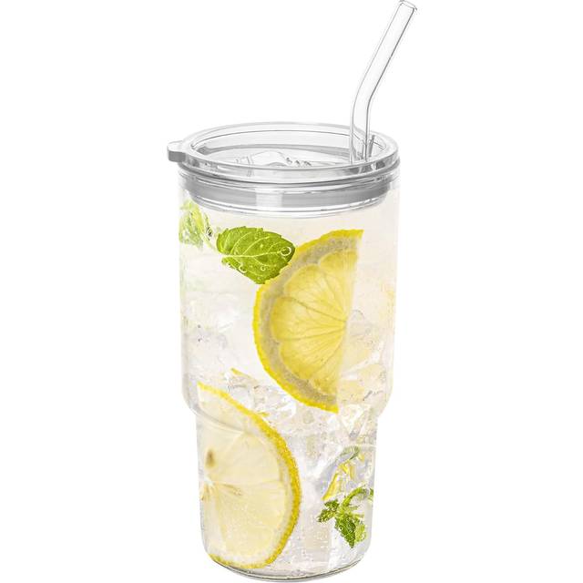Dingerjar Glass Tumbler with Lid and Straw  Borosilicate Glass Iced Coffee Cup Smoothie Cups 24 oz/750ml for Hot or Cold Drinks