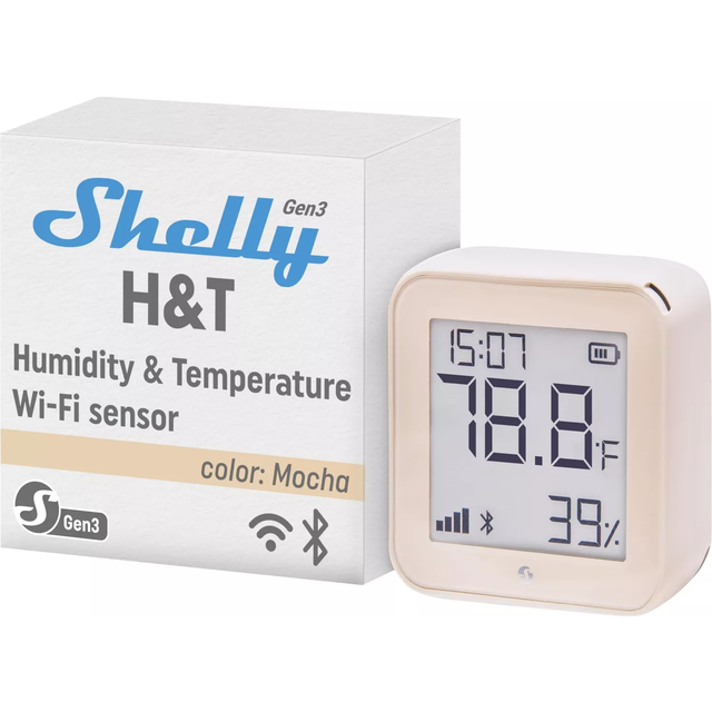 Shelly H&T Gen3 Mokka – Trådlös temperatur- och fuktighetssensor, Wi-Fi Termometer och hygrometer, E-ink-display, App för iOS & Android, USB-C & batteridrift