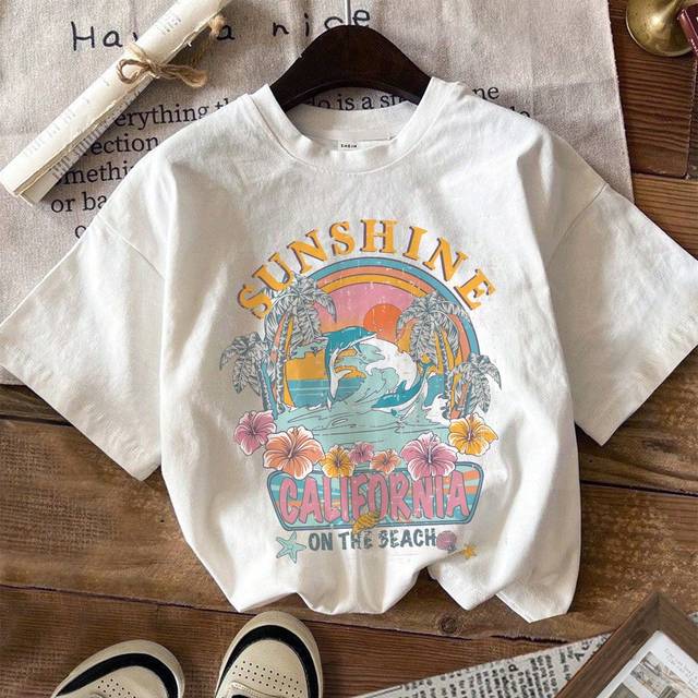 SHEIN Retro 90s Tween Girl Casual Minimal Landscape & Sun Graphic Oversized Short Sleeve T-Shirt, Cotton Blend, Suitable For Summer