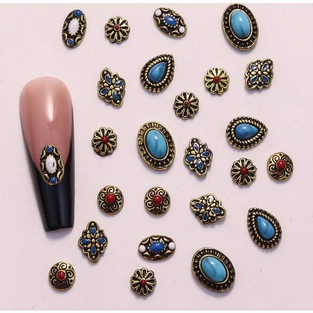 SHEIN 10pcs Vintage Metal Accessories, Mixed Oval Turquoise, Palace Style Nail Decorations, DIY Nail Jewelry, Nail Gems, Manicure Supplies