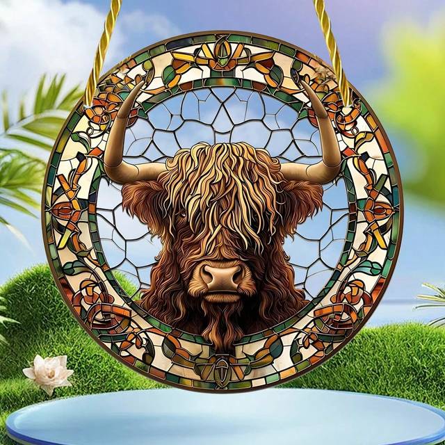 SHEIN 1pc 2D Flat Acrylic Highland Cow Sun Catcher, Stained Glass Style Window Pendant, Suitable For Yard, Garden, Porch, Farmhouse Wall Art Hanging,Home De