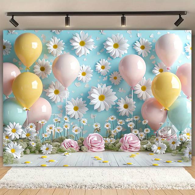 SHEIN 1pc Polyester Daisy Floral Photography Backdrop With Macaroon Balloons For Birthday, Studio Photo Shoots & Multipurpose Spring/Summer Banner Decoratio