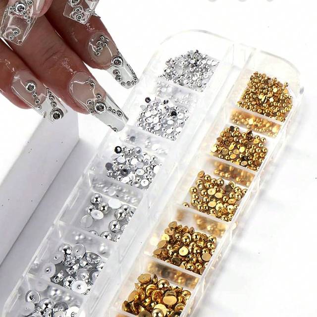 SHEIN 12 Grids Half Round Gold+Silver Pearls Nail Charms Metallic Flat-Back Beads Ball Mixed Size Nail Pearls Diy Nail Gems Nail Supplies Nails
