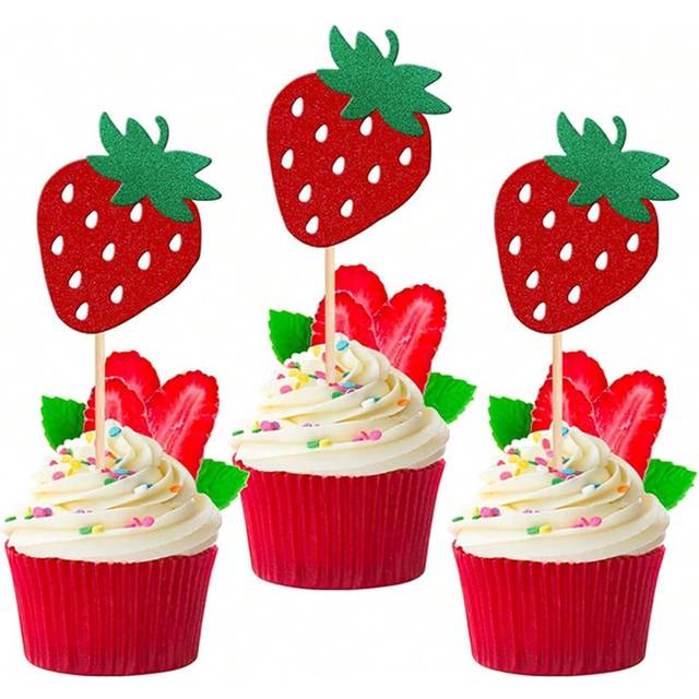 SHEIN 12 Pcs Strawberry Cupcake Toppers Red Glitter Fruit Theme Berry Strawberry Cupcake Picks For Summer Sweet Fruit Birthday Party Cake Decorations Suppli