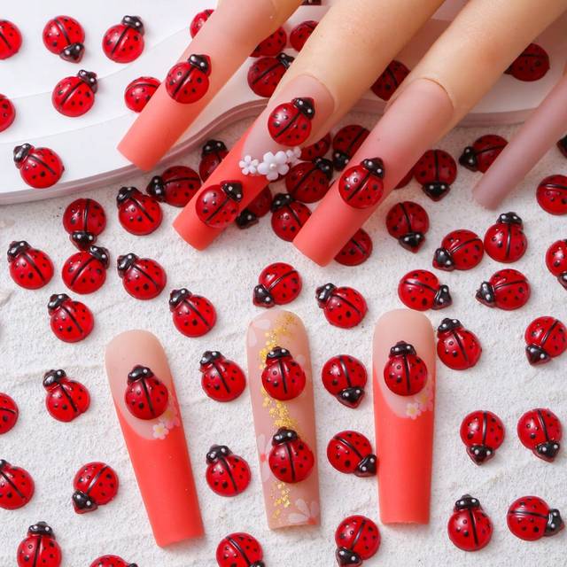 SHEIN 60pcs 3D Odorless Colorful Red Beetle Rhinestone Resin Decals Nail Art Rhinestones For DIY Wedding Crafts Kawaii Flatback Cartoon Insects Suitable For