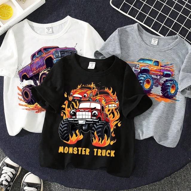 SHEIN Monster And Best Tracks T-Shirt Combo, 3pcs/Set, Suitable For Summer. Young Boy Casual And Simple Round Neck Short Sleeve T-Shirt.