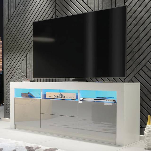(White & Grey) TV Unit 160cm LED Gloss Doors - Mex Furniture