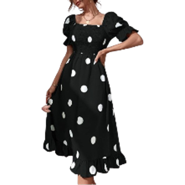 Polka Dot Print Puff Sleeve Shirred Ruffle Hem Klänning Maxi Kvinnor Outfit - Svart och Vitt (L,M,S,XL)
