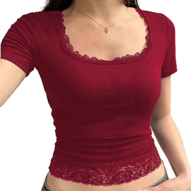 INAWLY Women&#39;s Summer Contrast Lace Square Neck Short Sleeve Slim Fit Red T-Shirt Top