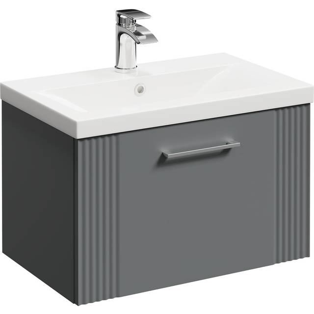 Wholesale Domestic Avant Wall Mounted Vanity Unit with 1 Tap Hole Mid Edge Basin and Single Drawer with Polished Chrome Handle | Satin Grey | MDF | 600mm