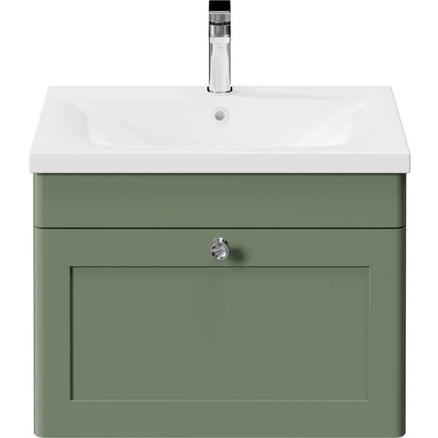 Wholesale Domestic Danbury Wall Mounted Vanity Unit with 1 Tap Hole Modern Basin and Single Drawer with Polished Chrome Handle | Satin Green | MDF | 600mm
