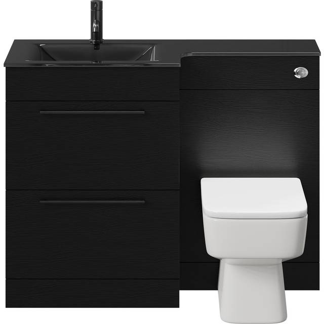 Wholesale Domestic Venice Square Vanity Unit Toilet Suite with Left Hand Anthracite Glass 1 Tap Hole Basin and 2 Drawers with Gunmetal Grey Handles | Nero Oak | Plastic | 1100mm