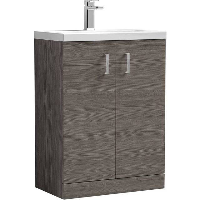 Nuie - Arno Compact Floor Standing 2-Door Vanity Unit with Ceramic Basin 600mm Wide - Anthracite Woodgrain