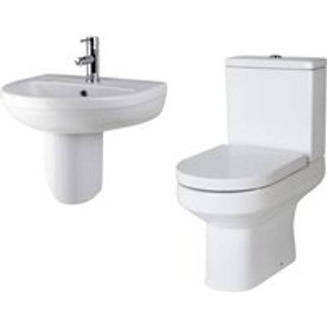 Vision Ceramic Bundle Semi Flush to Wall Toilet Pan & Cistern, Soft Close Seat, 500mm 1 Tap Hole Basin & Semi Pedestal - Balterley