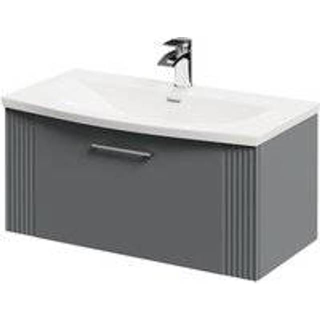 Wholesale Domestic Avant Wall Mounted Vanity Unit with 1 Tap Hole Curved Basin and Single Drawer with Polished Chrome Handle | Satin Grey | MDF | 800mm
