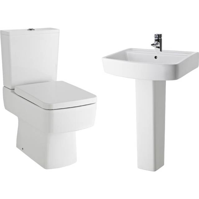 Optic Square Ceramic Bundle - Compact Semi Flush to Wall Toilet Pan & Cistern, Seat, 600mm Basin & Full Pedestal - Balterley