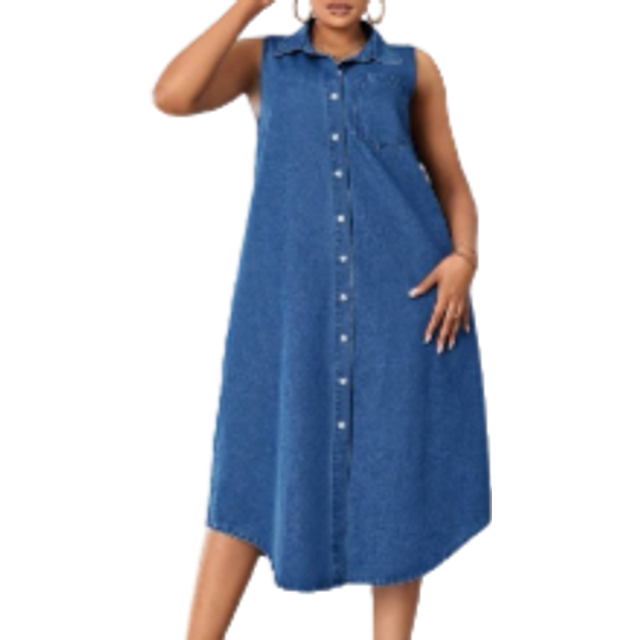 Plus Storlek Kvinnors Ärmlös Lång Denim Klänningar - Mediumtvätt (0XL,1XL,2XL,3XL,4XL)