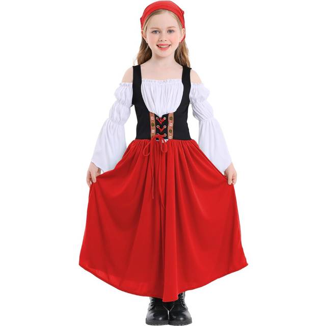 (M, Red) Renaissance Dress for Kids Girls Medieval Princess Dresses Off Shoulder Bell Sleeve Victorian Dress