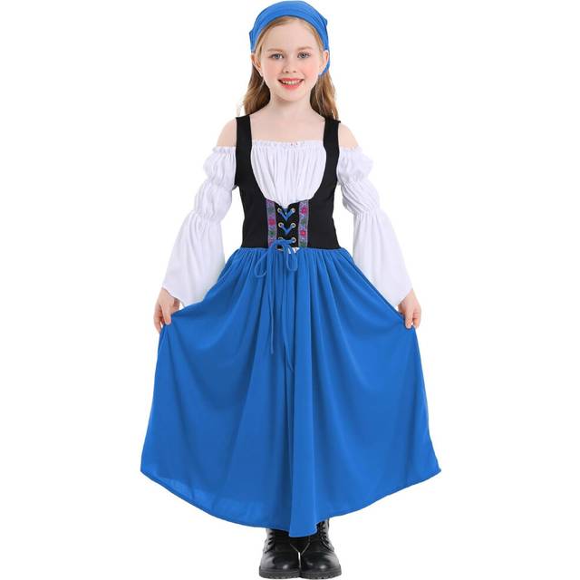 (XL, Blue) Renaissance Dress for Kids Girls Medieval Princess Dresses Off Shoulder Bell Sleeve Victorian Dress