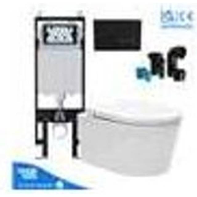 Luxury Wall Hung Rimless Toilet Pan with viva Slim Concealed Cistern Frame 1.14-1.35m & Square Matt Black Flush Plate