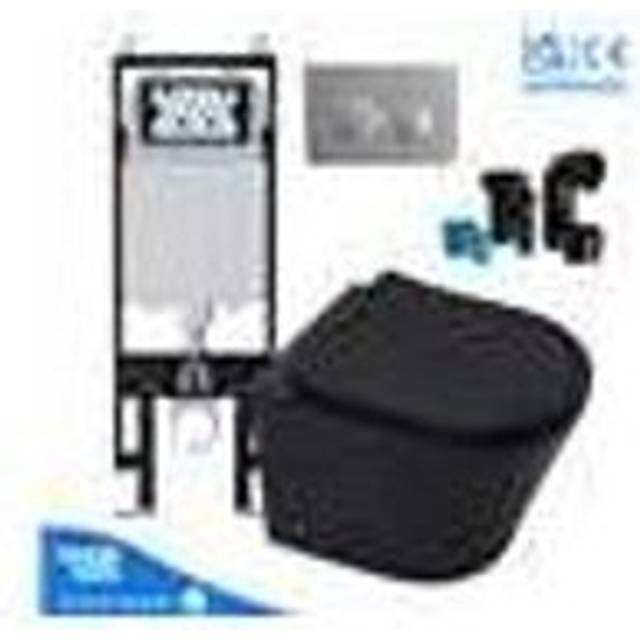 Black Wall Hung Toilet Pan Rimless with VIVA Slim Concealed Cistern Frame 1.14-1.35m & Chrome Flush Plate
