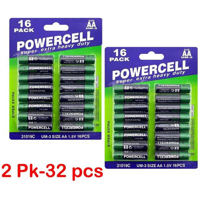 (AA Battery, 2Pk-32 Pcs) 16 X Power cell AA &AAA Battery 1.5V Heavy Duty Batteries Value Pack Zinc 32/48