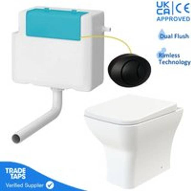 Rimless Back to Wall Toilet BTW Pan Square Soft Close WC Concealed Cistern Flush - Black Round