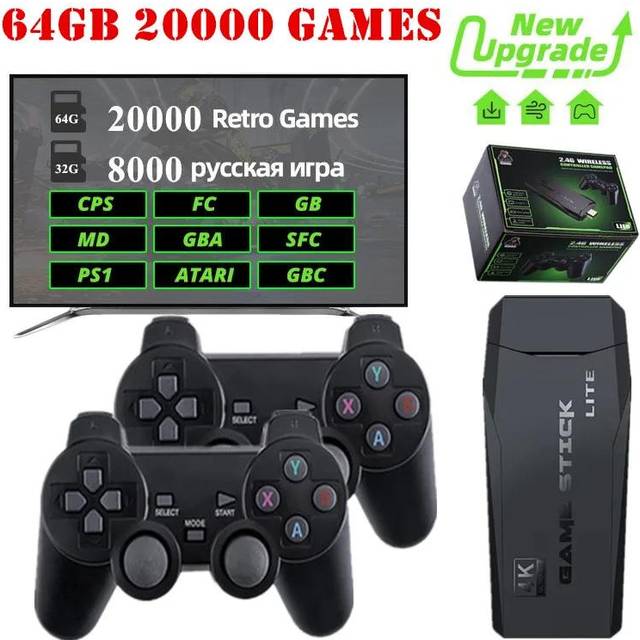 Videospelskonsol 2.4G dubbel trådlös handkontroll Game Stick 4K 20000 Spel 64 32GB Retrospel för PS1/GBA Boy Julklapp 32GB 8000game