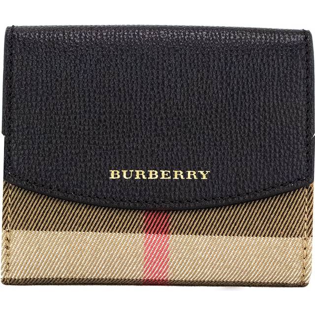 Burberry Luna Black Grained Leather House Check Canvas Coin Pouch Snap Wallet