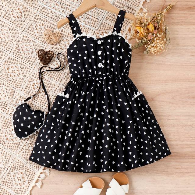 SHEIN Young Girl Allover Heart Print Guipure Lace Trim Cami Dress With Bag