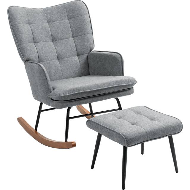 Homcom Rocking Chair With Footstool Fabric Wingback Chair For Bedroom Grey