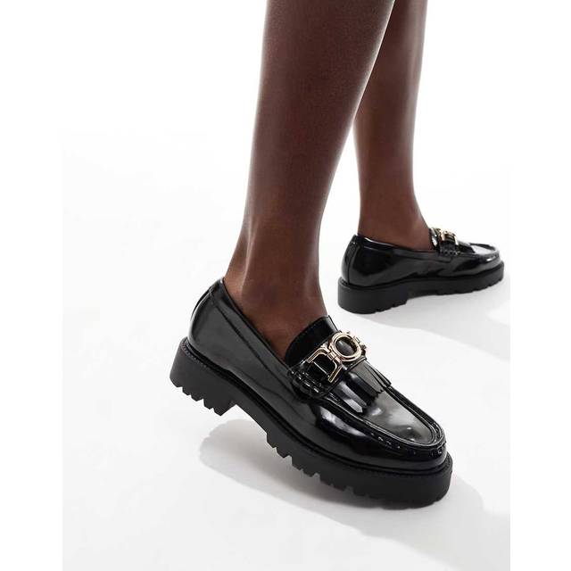 New Look Women's Black Patent Leather-Look Tassel Trim Loafers - UK 8