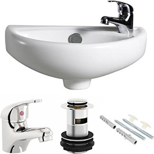 Compact Wall Hung Basin Sink Bathroom Mini Tiny Small Right Hand + Tap & Waste