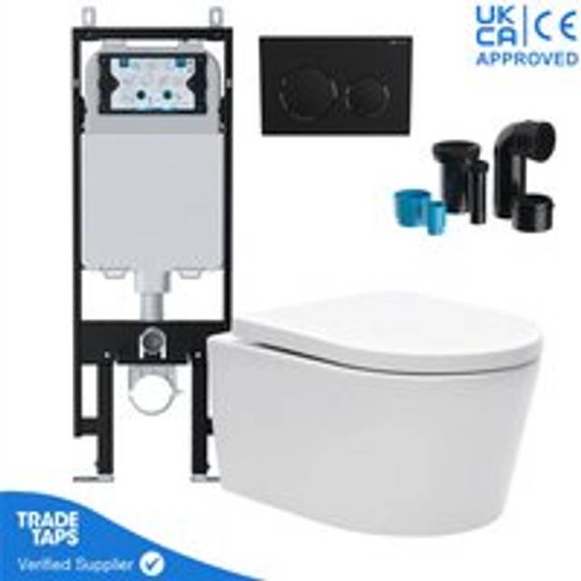 Luxury Wall Hung Rimless Toilet Pan with viva Slim Concealed Cistern Frame 1.14-1.35m & Matt Black Flush Plate