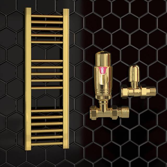 (400 x 900 mm (h), With TRV Straight Valves) 400mm Wide Gold Heated Bathroom Towel Rail Radiator With Valves For Central Heating UK