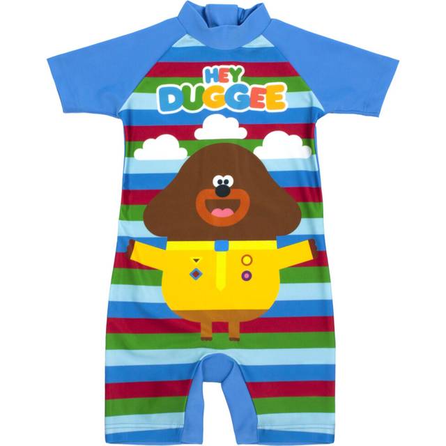 (2-3 Years) Hey Duggee Swimsuit For Boys | Kids Cbeebies Sun Safe Swimming Costume | Blue Striped All In One Bathing suit for Swimming Lessons, Beach