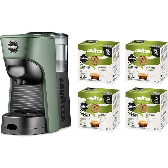 Lavazza, A Modo Mio Tiny Eco Green kaffemaskin med 64 blandade kapslar, espressomaskin av återvunnen plast, 1450 W, 220–240 V, 50/60 Hz, 0,6 liter