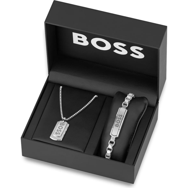 BOSS Men's Devon Dog Tag Pendant Necklace and Box Chain Bracelet Gift Set, Silver