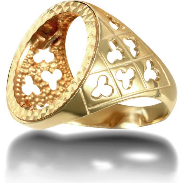 (N) Jewelco London Men&#39;s Solid 9ct Yellow Gold Clubs Clovers Half Sovereign Mount Ring - JRN177-H