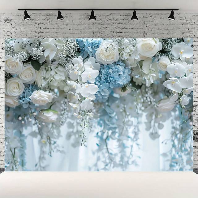 SHEIN 1pc Spring White Blue Flower Gold Glitter Photography Backdrop Rose Floral Wall Wedding Bridal Shower Background Ladies Tea Party Portrait Anniversary