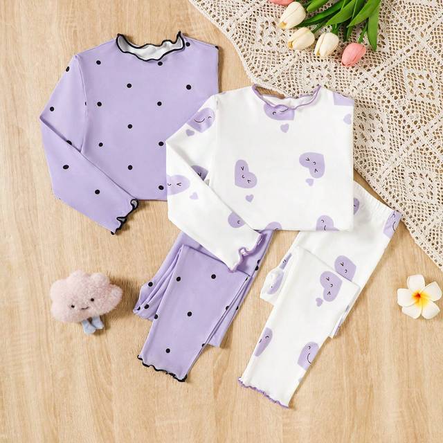SHEIN Young Girl 2pcs Knitted Heart & Polka Dot Print Round Neck Sweater And Leggings Set, Loungewear