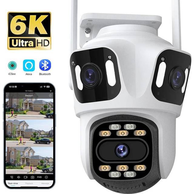 New EU 12MP 6K WiFi Camera Outdoor Three Lens Dual Screens 8X Zoom CCTV Mini Video Cam Auto Tracking Security Protection Surveillance iCSee App 12MP 6K Add 64G