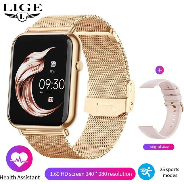 (Mesh belt gold, Bluetooth call watch) Lige Fashion Smart Watch Ladies Body Temperature Sport Fitness Watch Bluetooth